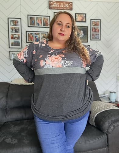 Image of TIYOMI Plus Size Tops for Women Raglan Long Sleeve V Neck T Shirts Casual Color Block Leopard /Floral Tops Winter Tee Shirt