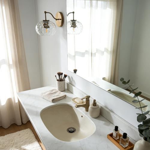 Image of Gold Wall Sconce Light Clear Hammered Glass Vanity Lighting Brushed Brass Wall Lamp for Bathroom Over Mirror
