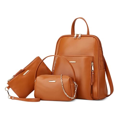Moda Zaino da Donna Set 3 Pezzi con Borsa a Tracolla Borsetta Antifurto Zainetto Leggero per Viaggio Scuola Lavoro Datazione Studentessa Universitaria Impermeabile PU Pelle Marrone