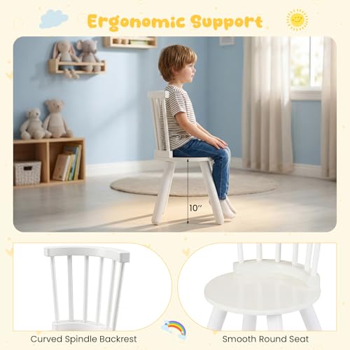 Image of HONEY JOY Kids Table and Chairs, Children Sturdy Wooden Activity Set for Art, Drawing, Reading, Windsor Dining Chairs w /Spindle Back, Toddler Table and Chair Set for Playroom, Daycare (White)