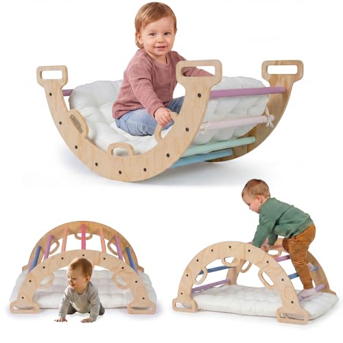 COSTWAY Kletterbogen Holz mit Kissen, Montessori Kletterwippe, Kletterdreieck zum Wippen, Klettern und Krabbeln, Bogenwippe, Regenbogen, Indoor Klettergerüst für Kinder ab 3 Jahre (Macaron)