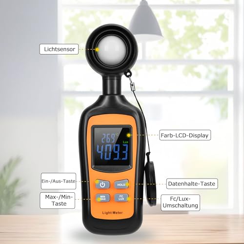 Digitales Luxmeter,Handliches Luxmeter mit Thermometer, bis 200.000 Lux, 4-stelliges Farb-LCD Belichtungsmesser mit Hintergrundbeleuchtung, für Pflanzen, Autoscheinwerfer, Haushalts- und Büro-LEDs