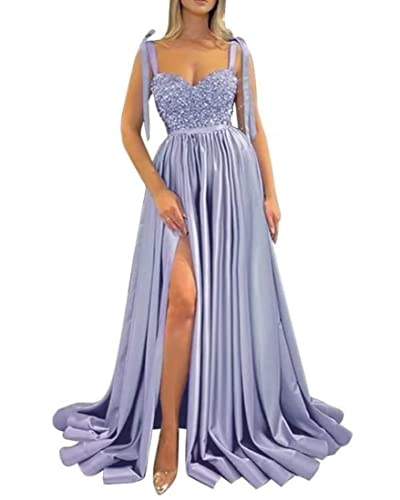 Robe de bal longue en satin lavande pour affiner la silhouette avec fente