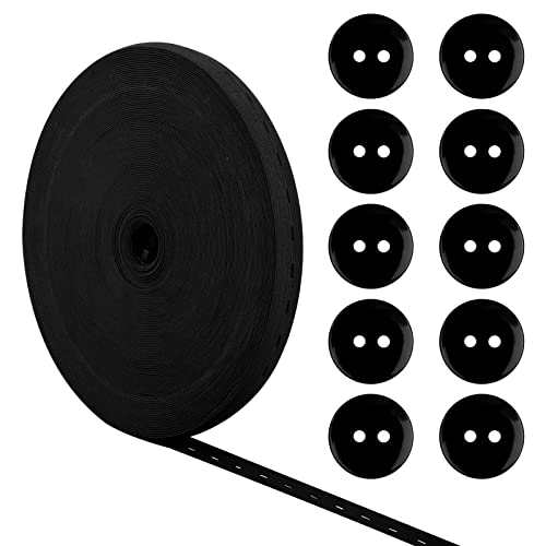 Pinsheng 30 Mètres Élastique à Boutonnière, Bande Élastique Couture 20mm Large Élastique Plat Ceinture Bande pour Couture avec 10 Boutons en Résine pour Jupes Shorts Pantalons (Noir)