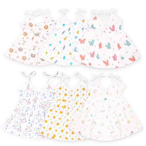 Kidbea® 100% Extra Soft Muslin Cotton Fabric Baby Girls Frock For Summer wear, Nightwear | Multipack Combo | Tiger, Space, Butterfly, Mickey, Cute Chick, Rainbow Print Size (0-3 Months to 9-12 Months)