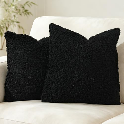 AMZWISE Black Pillow Covers Set of 2 Curly Teddy Wool 18X18 in Cushion