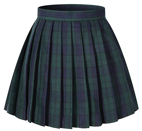 Girls's Short Pleated Plaid High Waist Unform Skirt Costumes (Blue Green Mixed Black,Medium)