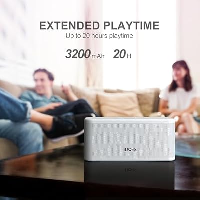 DOSS SoundBox Plus Bluetooth Speaker with Superior Sound, Bluetooth 5.0, Wireless Stereo Pairing, Built-in Mic, 20H Playtime, Portable for Hking, Beach, Camping. Outdoor, Home - White. Upgrade version