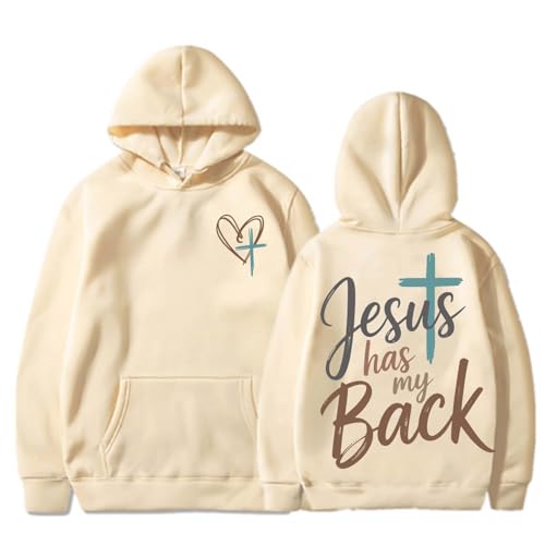 Image of TONGCHEN Jesus Has My Back Christian Faith Religious Hoodie for Women Bible Verse Jesus Pullover Sweatshirt (US, Alpha, Large, Regular, Regular, Khaki)