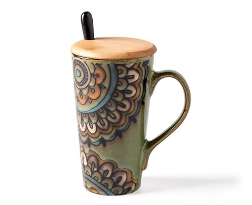 コーヒーマグカップ エスニックスタイルのマグカップレトロな手描きのコーヒーカップ大型カップ大容量セラミックマグマグホームオフィス蓋スプーン500ml ゲーム用マグカップ (グリーン)