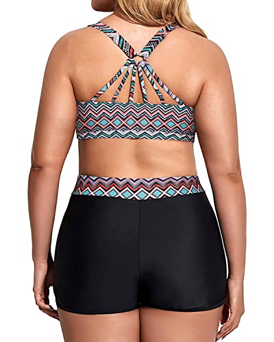 Image of Holipick Women Plus Size Swimsuits - Athletic 3 Piece Tankini with Shorts | Sports bikini top, high waist shorts, tank top, removable pads. Athletic style for water activties