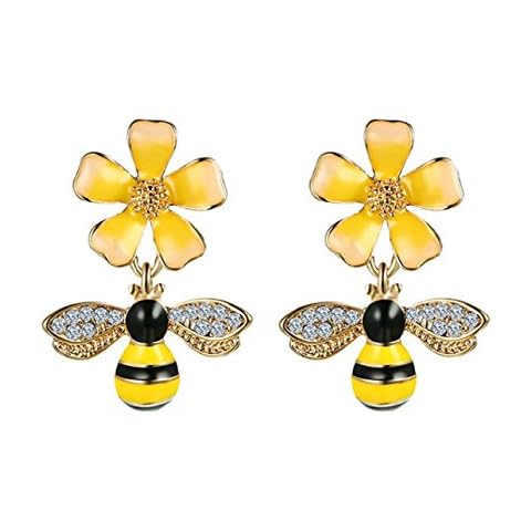 Gold Plated Bee Stud Dangle Drop Earrings for Women Yellow Flower Crystal Jewelry by SUNSCSC (Yellow Bee W749) Cover