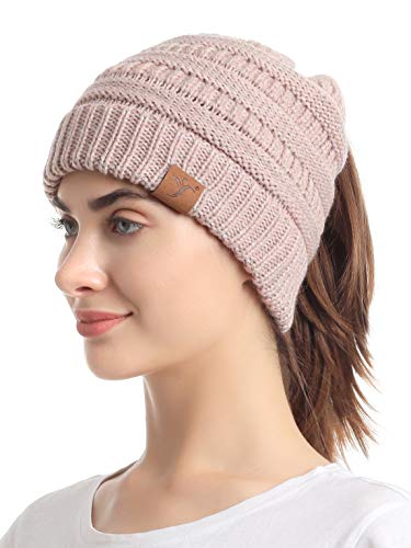 soul young Pferdeschwanz Messy Bun Beanie Tail Knit Hole Strickmütze Weiche Brötchen Winter mütze mit zopfloch für Damen (Einheitsgröße,3-Ton-Rosa) Cover