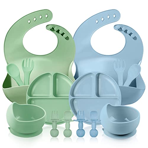 Image of ANAVIL 14 Pack Baby Feeding Set, Silicone Toddlers Weaning Feeding Sippy Cup with Straw and Lid Baby Feeding Supplies Set (14Pack Green+Blue)