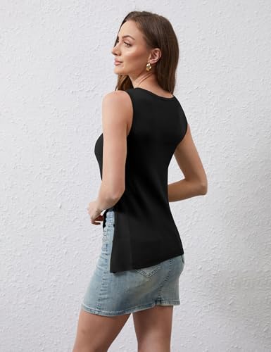 Image of Womens Asymmetric Side Button Sweater Vest Y2k Sleeveless Boat Neck Side Split Sweater Trendy Ribbed Knit Tank Top Black