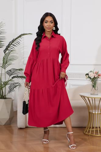Image of Women's Long Sleeve Maxi Shirt Dress Elegant Button Down Loose Swing Party Dress