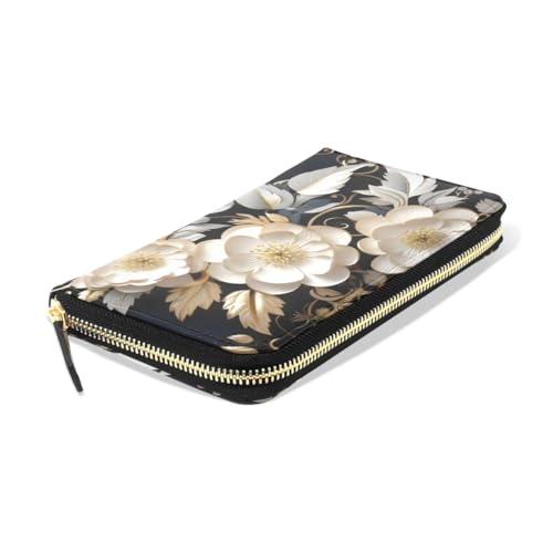 Long Wallets Leather Bifold Wallet for Women White Flower Carved with Zipper Credit Card Holder Large Capacity3