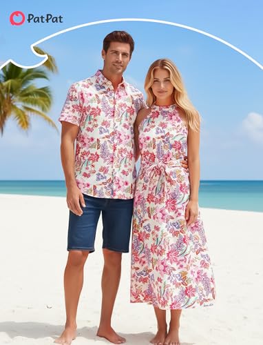 Image of PATPAT Family Hawaiian Matching Outfits - Mommy and Me Vacation Outfits | Halter Sundresses and Button Down Shirts,Caribbean Vacation Summer Tropical Outfits,Hawaiian Boho Tropical Floral Printed