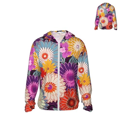 Men's UPF 50+ Sun Protection Hoodie Long Sleeve Fishing Shirts Quick Dry Bohemian Colored Flowers Sun Shirt Jacket