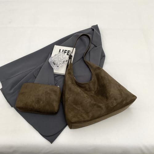 Image of Lushandy Brown Suede Purse Faux Suede Tote Bag Leather Hobo Bags for Women Slouchy Hobo Bag Fall Purse Shoulder Bag