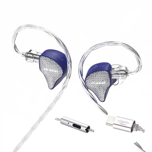 Image of EarAcoustic X Zkaaai Cipher In-Ear Monitor Earphone with HD Mic, 10mm Nanocrystal drivers, Dual Magnetic Tesla Neodymium, Silver-Plated Wired IEM, USB Type-C Plug, Crystal Diamond Shells (Blue)