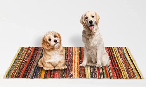 India Artistic Multi Color Chindi Rag Rug 4X6' | Hand Woven & Reversible | Recycled Cotton for Living Room Kitchen | Rustic Runner (Mustard Colour)