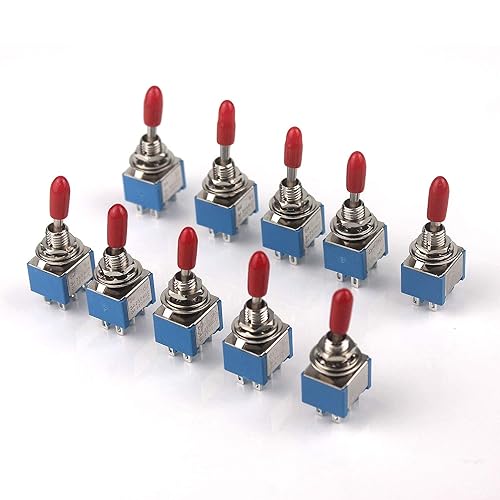 Image of Switian 10Pcs Mini DPDT Toggle Switches 6-Pin 2 Position ON-ON, 250V/3A 125V/6A AC, Red Bat Handle, Panel Mount Screw Terminal, Silver Contacts (6mm Hole)