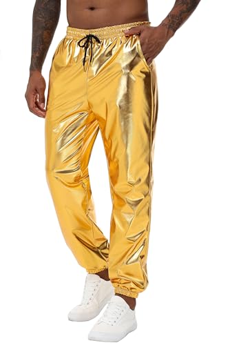 Mens Gold Metallic Shiny Rave Night Club Pants Comfort Sweatpants Disco Dance Party Elastic Trousers