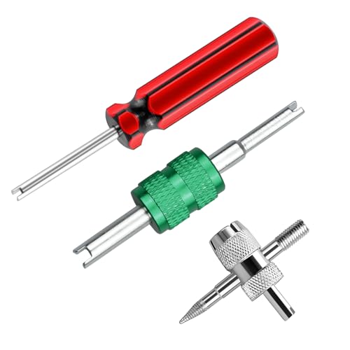 Image of Osilly 3PCS Car Tire Valve Stem Tools, Single Dual Head Vehicle A /C Valve Core Remover Puller, 4 Way Auto Air Conditioning Line Repair Tyre Wrench Tool, Universal for Bicycle RV Truck (Green)