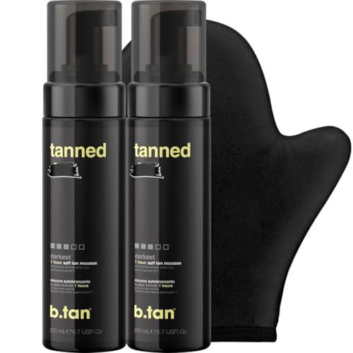 Image of b.tan Dark Self Tanner Gift Box | Anytime Glow Getter Bundle - 2 Pack Sunless Tanning Mousse with Mitt, 1 Hour Express Fake Tan Foam, Best Christmas Stocking Stuffer Fast Bronze, Face & Body
