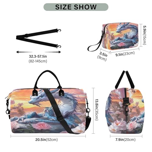 Weekender Bags Travel Duffel Gym Bag Flower Blue Dragon Carry on Overnight Tote Bag with Toiletry Bag for Airplane Travel Trip Gym Yoga3