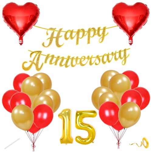 Image of Flyloons 15th Happy Anniversary Decoration Items Red Gold for Men Women Husband Wife Mom Dad Parent Couple Home Bedroom Car With 20 Pcs Metallic Balloons Anniversary Banner 2 Pcs Heart Set Kit