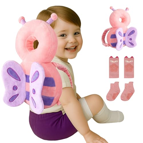 JumiLux Baby Head Protector Backpack (9 to 24 Months) - Cute Head Guard Pillow with Knee Pads and Socks, Crawling and Walking Safety Set, Toddler Head Cushion Backpack, Gift, Lavender Pink Butterfly