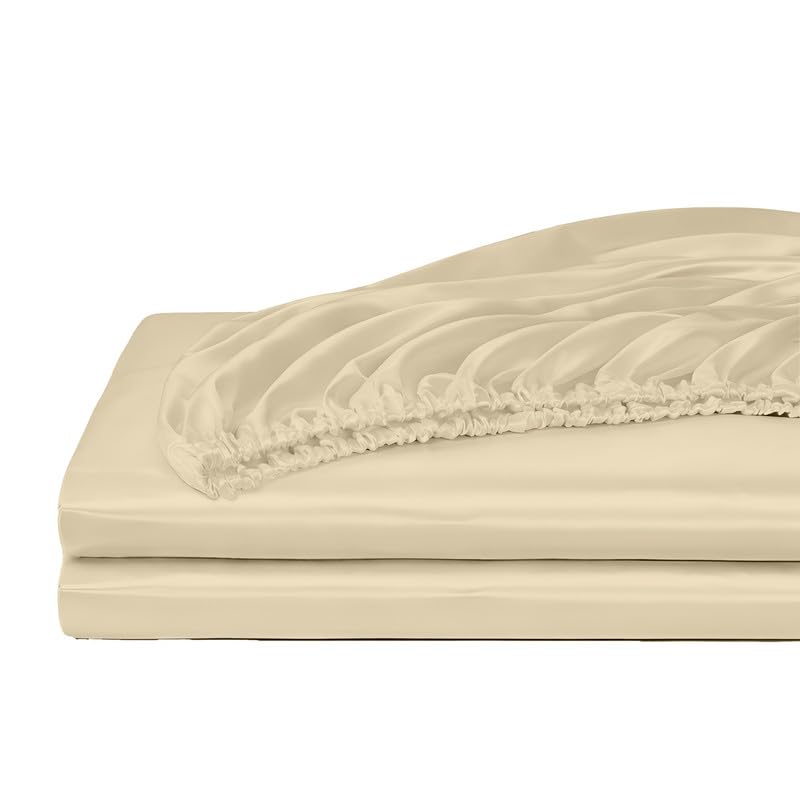 Image of Filbert - Premium Satin Fitted Bedsheet Single Bed (36x75 Inch) with 1 Pillow Cover | Hypoallergenic Breathable | Hair and Skin Friendly, Women Gift Choice|Beige