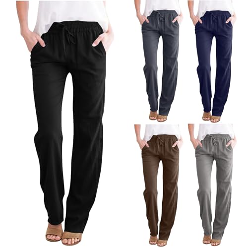 Linen Pants Women Petite Suumer Pull On High Waist Straight Leg Pants Drawstring Loose Beach Trousers with Pockets2