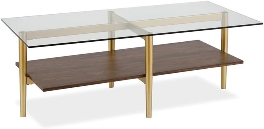 Mid-Century Brass Metal Rectangle Coffee Table and Walnut Wood Shelf