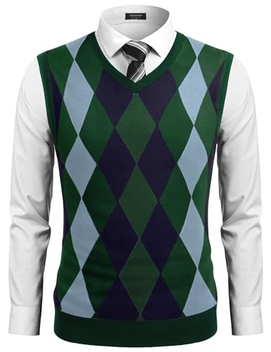 Pull sans manches ajusté motif losanges pour homme vert de COOFANDY