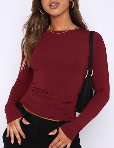 Image of AKEWEI Long Sleeve Crop Tops for Women 2 Pack Fall Going Out Outfits Cute Tight Basic Tees Shirt