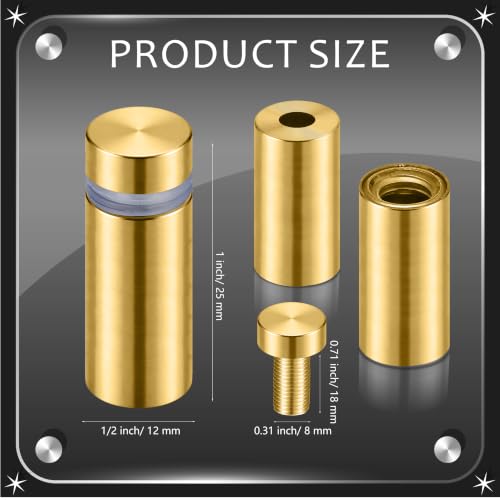 Image of Pelopy 24 Pcs Sign Standoff Screws Advertising Screws Stainless Steel Wall Standoff Mounts Glass Acrylic Nail (1 /2 x 1 Inch,Gold)