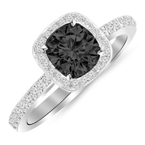 1.25 to 1.75 Carat 14K White Gold Classic Halo Style Cushion Shape Diamond Engagement Ring with a Black Diamond Center (Heirloom Quality)