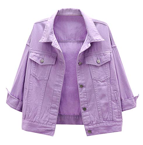 LifeShe Women's Basic 3/4 Sleeve Button Down Denim Jean Jacket Coat Purple