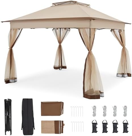 Bezseller 11x11 Pop Up Gazebo Tent with Mosquito Netting – Quick Set Up, Water-Resistant Outdoor Canopy for Patio, Garden, Backyard, and More,Khaki