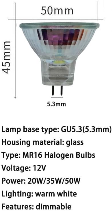MR16 Halogen Bulbs 50W 12V GU5.3 Spotlight Bin-Pin Base Track Light Bulbs MR16 Dimmable Warm White,20W,2PCS