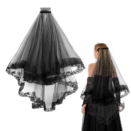 Athem Geisterbraut Schleier Schwarz, Halloween Brautschleier Schleier Spitze, Geisterbraut Kostüm Damen, Halloween-Partyschleier mit Kamm, Hexe Cosplay Schleier zubehör für Frauen und Mädchen
