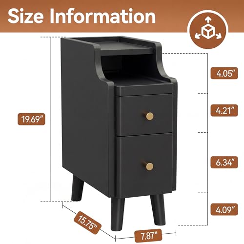 Image of Nightstand, Pre-Assembled, 19.7 inchH Solid Wood Narrow Night Stand with 2 Drawers, Open Sliding Shelf, Mid Century Modern Small Bedside Table for Bedroom, Black 8 inch