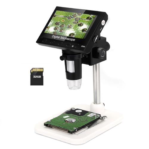 WADEO Microscopio Digital LCD de 4,3 Microscopio Portátil con Vista de PC 1000X, Incluye Tarjeta de 32 GB, con 8 LED y Soporte metálico, Compatible con MacOS y Windows, para Trabajos Reparaciones
