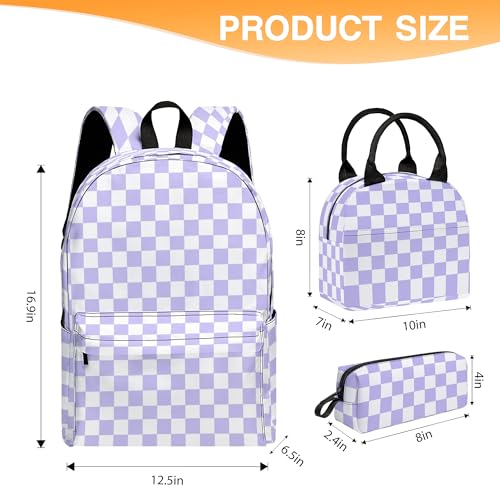 Ansteade 3PCS Backpack for Girls, Kids School Backpack Sets with Lunch Bag Pencil Case, Large Capacity 17 Inch Bookpack 3 in 1 Set for Teens Elementary Middle High School Students (Checker)