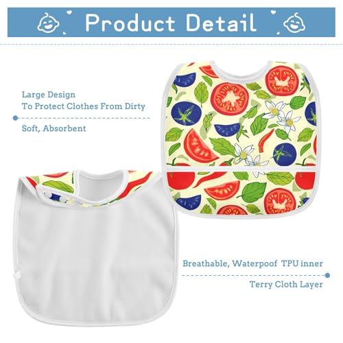 MCHIVER Pepper Basil Flower Beige Baby Bibs for tag1 Waterproof Feeding Bib Apron with Food Cather Adjustable Cotton Food Eating Bib 2 Pack3
