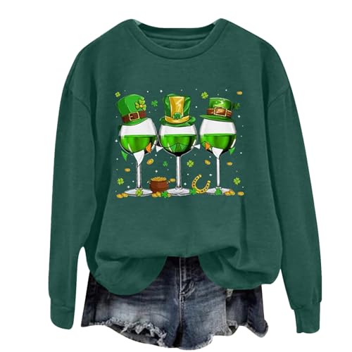 HUIFUAO - Sudadera de San Patricio para mujer, color verde, trébol de la suerte, copa de vino, manga del día de San Patricio, suéter irlandés para mujer, verde, 3XL