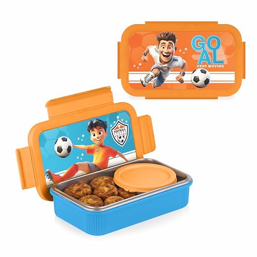 Image of ATTRO Treat Time Stainless Steel Insulated Lunch Box with Inner Steel Body, Airtight 4-Side Lock Lid, Leakproof Silicone Seal, Small Container-560ml+150ml-Football Champ Blue